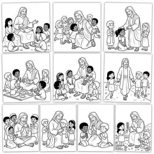 Religious Coloring Book Illustrations of Jesus with Diverse Children