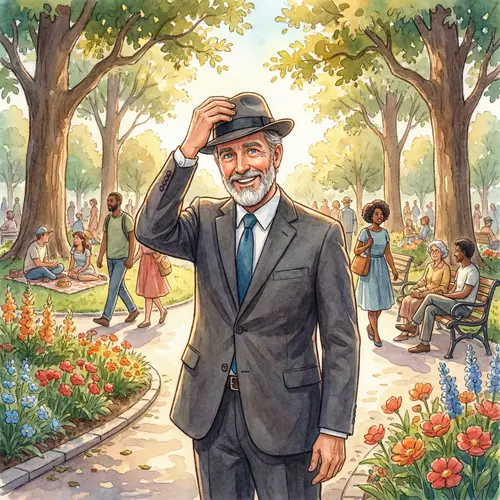 Gentleman Tipping Hat in Sunny Park Scene