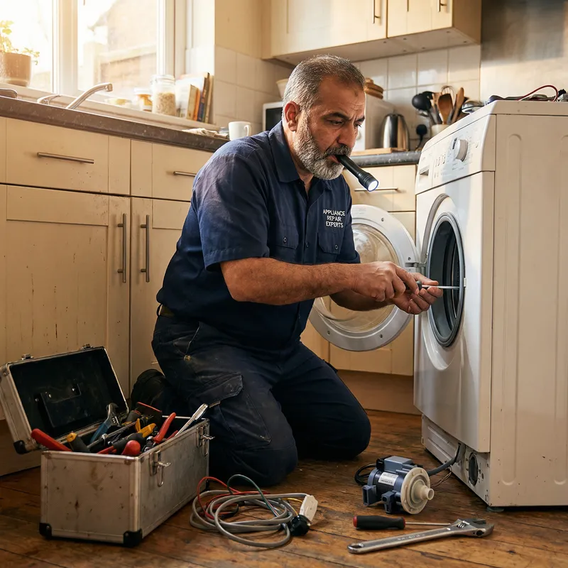 High-Quality Man in Uniform Repairing Washing Machine at Home