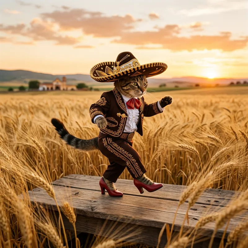 Charro Cat Dancing Salsa in Wheat Field