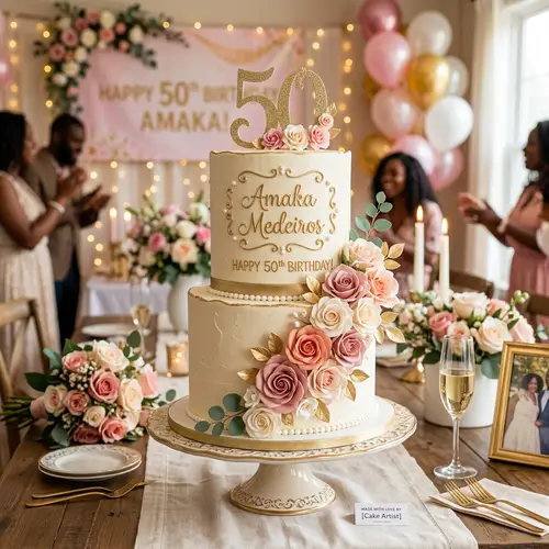 Amaka Medeiros' 50th Birthday Cake: Cream & Pink