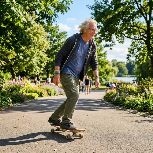 Elderly Caucasian Man Skateboarding in City Park
