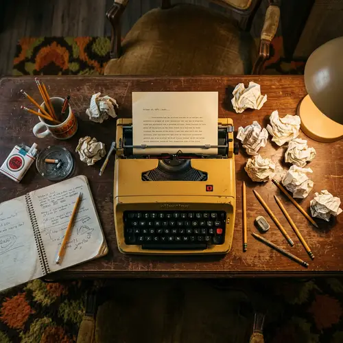 Vintage 1970s Scene with Yellow Typewriter and Pencils
