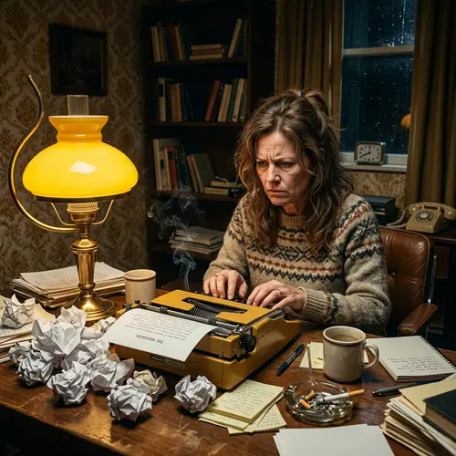 Middle-Aged Caucasian Woman Typing Frustratedly in 1970s Styled Room