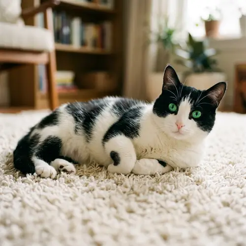 Fluffy White and Black Patched Domestic Short-Haired Cat on Plush Carpet