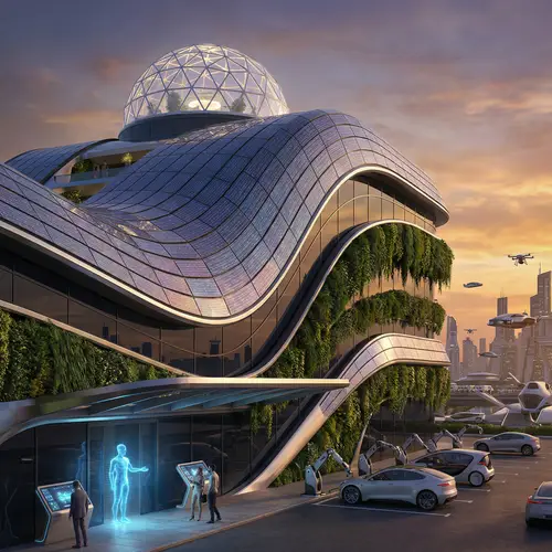 Futuristic Hotel with Solar Panels and Vertical Gardens