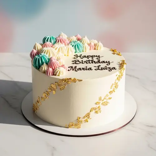 Elegant White Birthday Cake with Gold Flakes