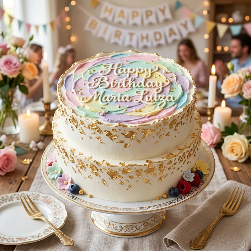 Elegant White Birthday Cake with Gold Flakes
