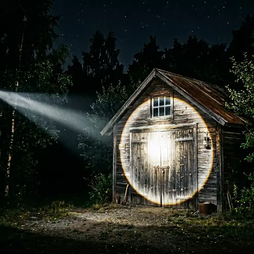Antique Wooden Garage Illuminated by Bright Searchlight