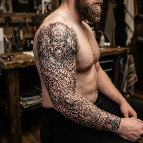 Scandinavian Style Odin Tattoo with Ravens, Runes & Ornamental Sleeve Designs