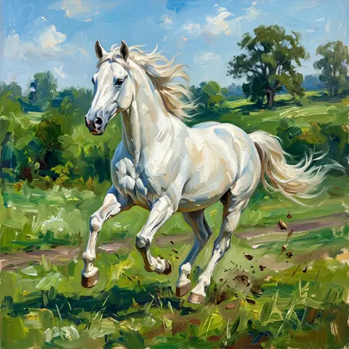 Majestic White Horse Galloping Through Colorful Field