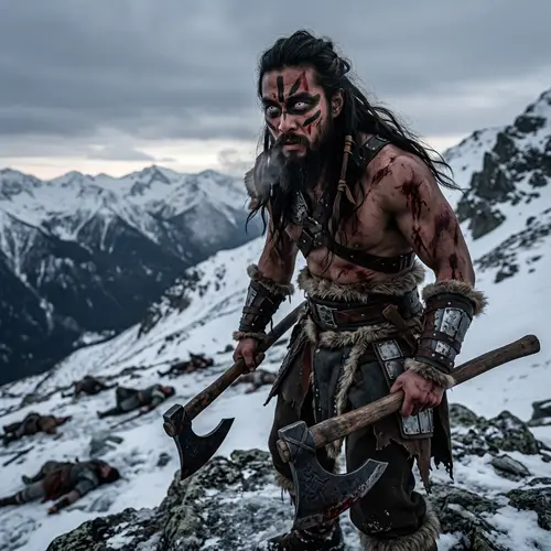 Fearsome Asian Male Warrior with Dual Axes on Snowy Mountain