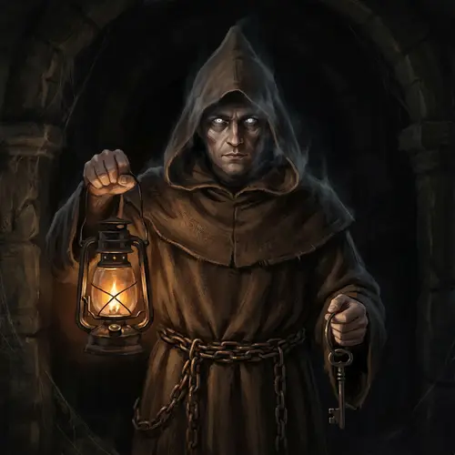 Mystical Monk in Robe with Key and Lantern | Ethereal Gaze