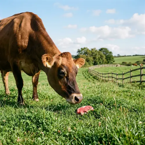 Brown Cow Sniffing Fresh Meat in Lush Pasture