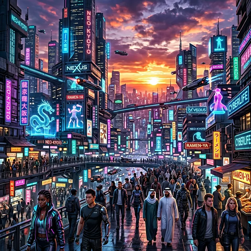 Futuristic Neon Cyberpunk Cityscape at Sunset | Dramatic Lighting & Vibrant Crowds