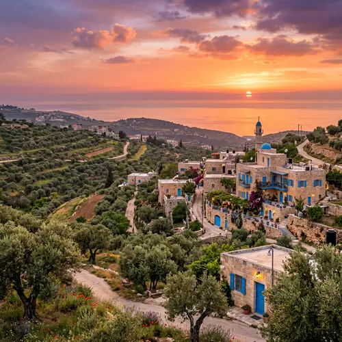 Tranquil Palestinian Landscape with Olives and Stone Houses