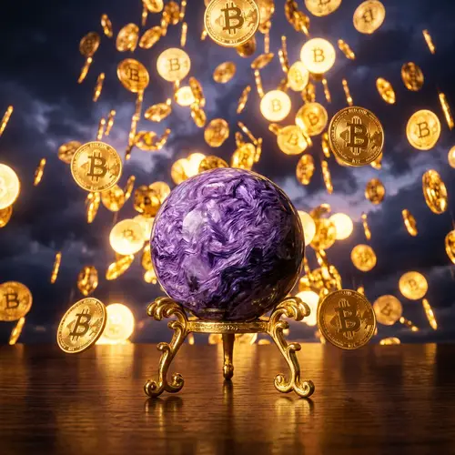 Charoite Sphere on Gold Stand with Bitcoin Background