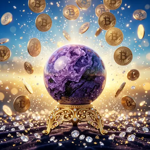 Sphere-shaped Charoite Mineral on Golden Stand | Bitcon Coins Background