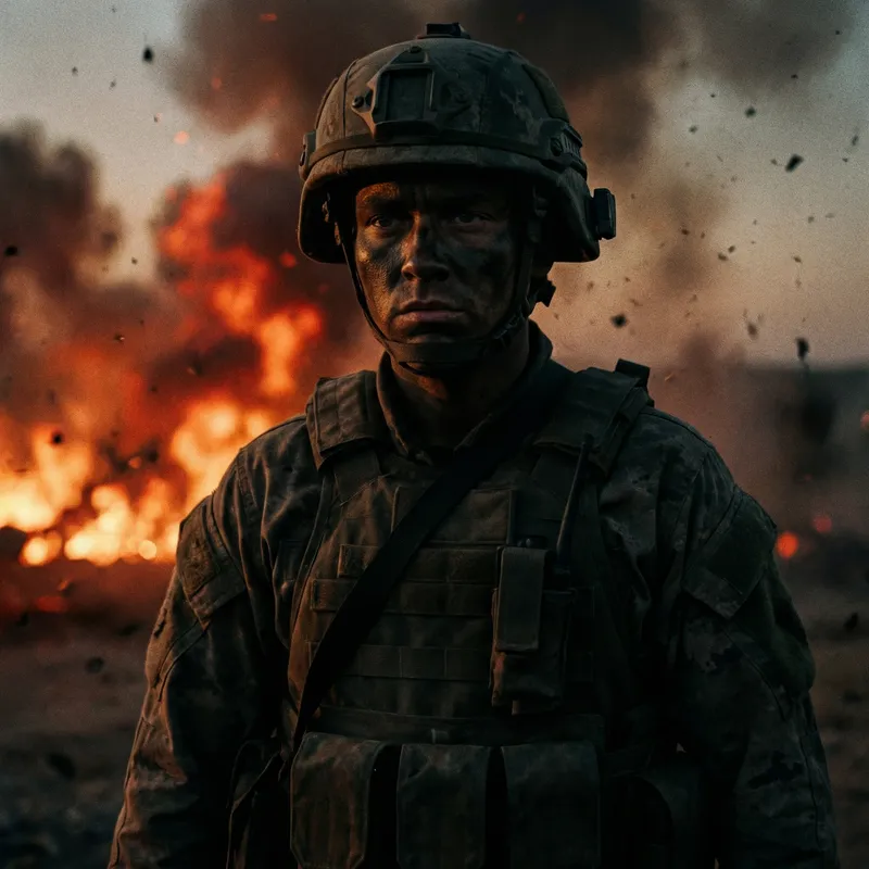 Intense War Drama: Military Model Amidst Explosion