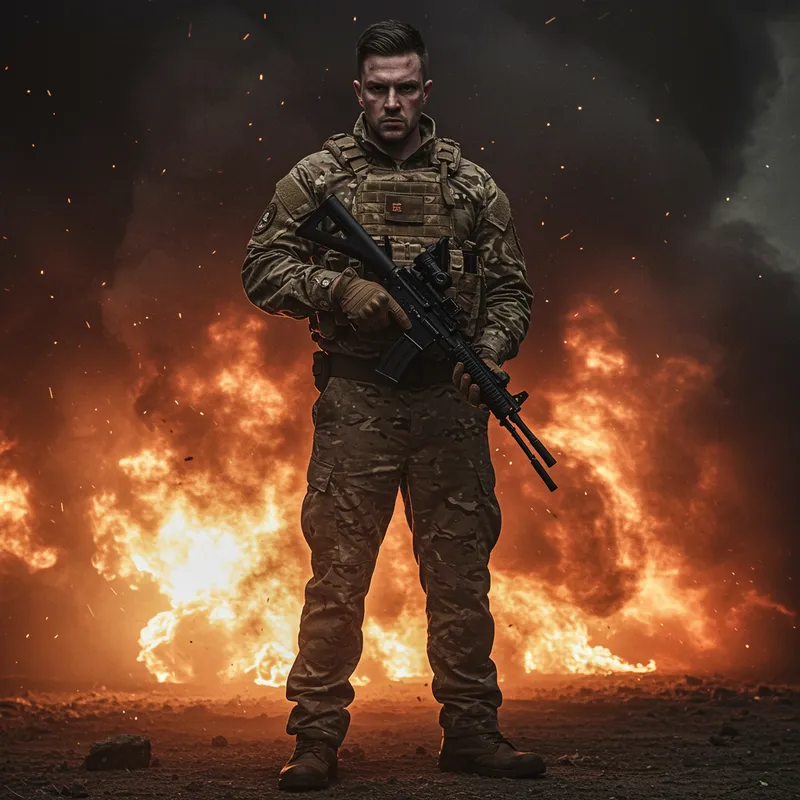 Intense War Drama: Military Model Amidst Explosion