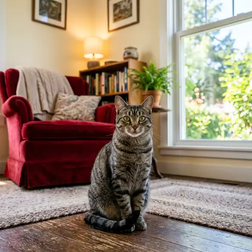 Striped Grey and Black Cat with Bright Green Eyes