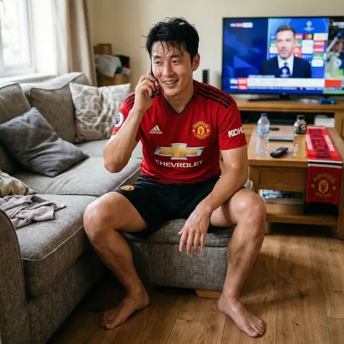Handsome Korean Man in Manchester United Kit