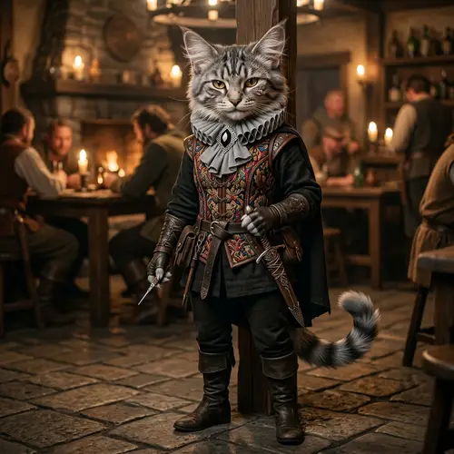 Female Tabaxi Rogue in Grey Elizabethan Collar & Colourful Vest