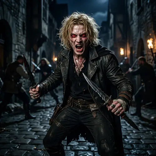 Malkavian Vampire Character with Red Eyes and Daggers