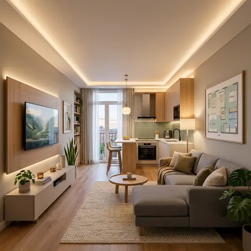 Contemporary Apartment Interior with 55-inch TV Panel and Integrated Kitchen