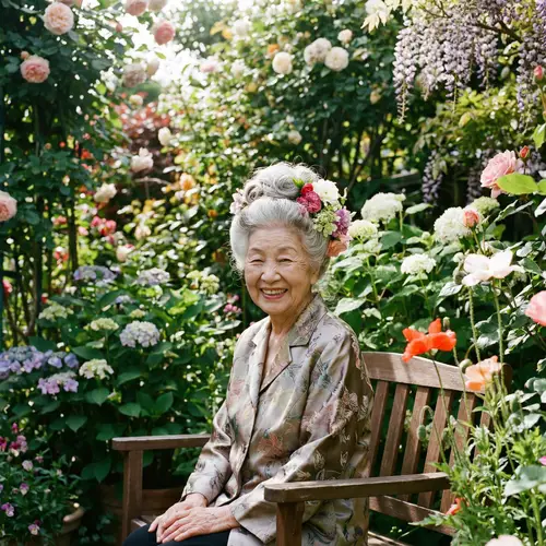 Elderly Asian Woman Smiling in Vibrant Garden | Beautiful Hairstyle