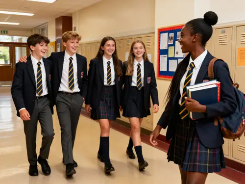 Happy UK Private School Students in Traditional Uniforms