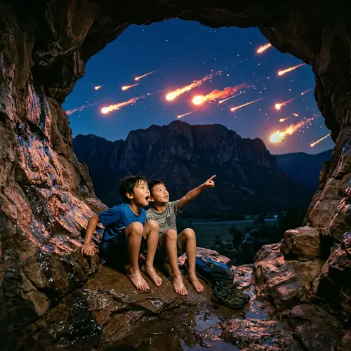 Asian Boys Witness Fireball Spectacle in Cave After Summer Rain