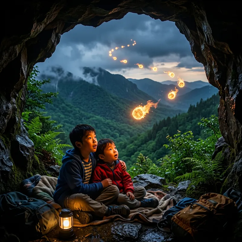 Asian Boys Astonished by Fireball Spectacle in Mountain Cave