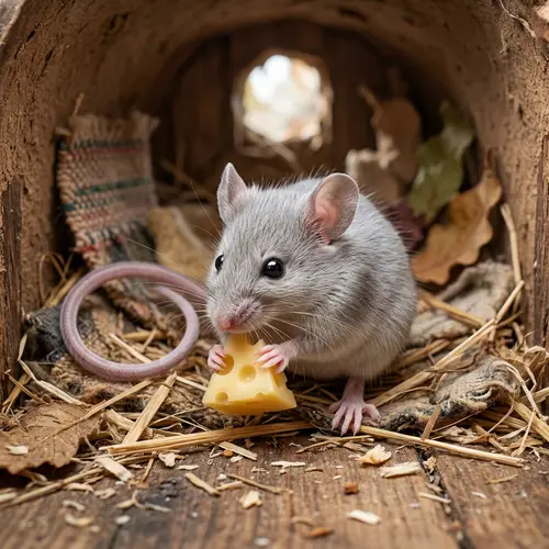 Adorable Mouse Enjoying Cheese in Cozy Mouse Hole