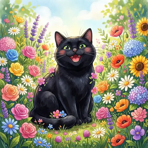 Gleeful Jet-Black Cat Surrounded by Vibrant Blossoms