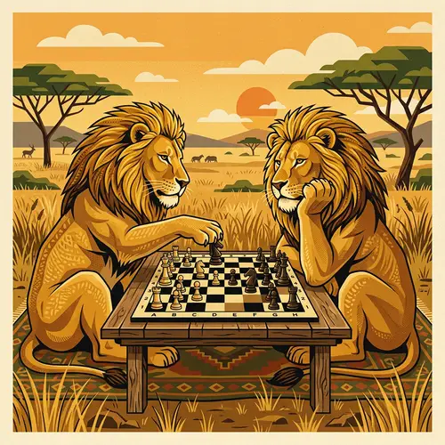 Majestic Lions Playing Chess - Contemporary Art on Savannah