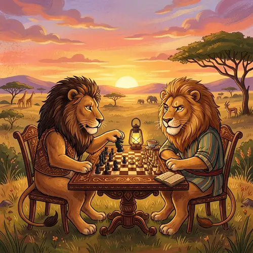 Whimsical Scene: Majestic Lions Engaged in Chess Game