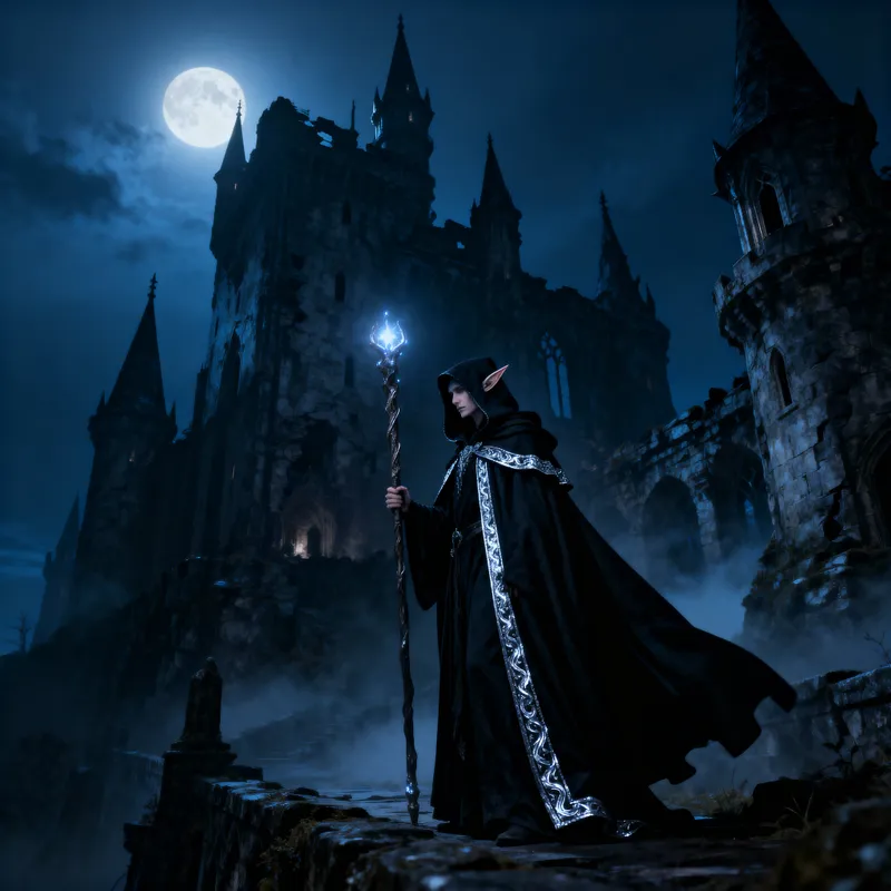Mystical Elf in a Dark Fantasy Castle