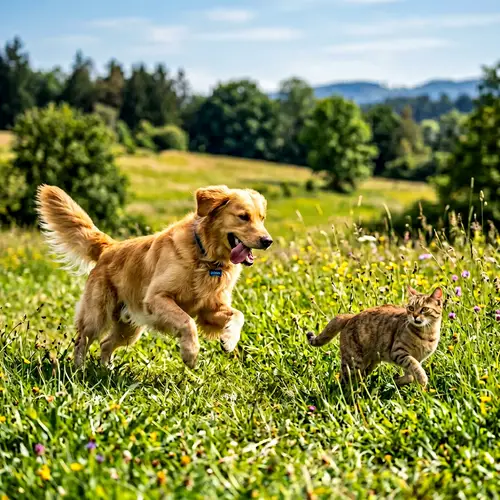 Energetic Golden Retriever Chasing Playful Cat in Green Meadow