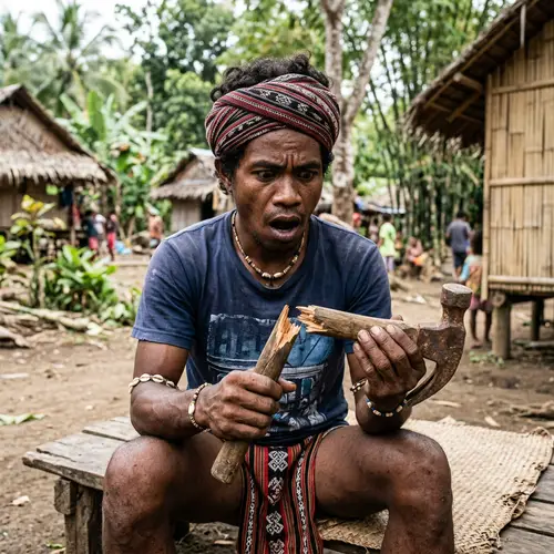 Aeta Man in Traditional Clothing with Broken Hammer