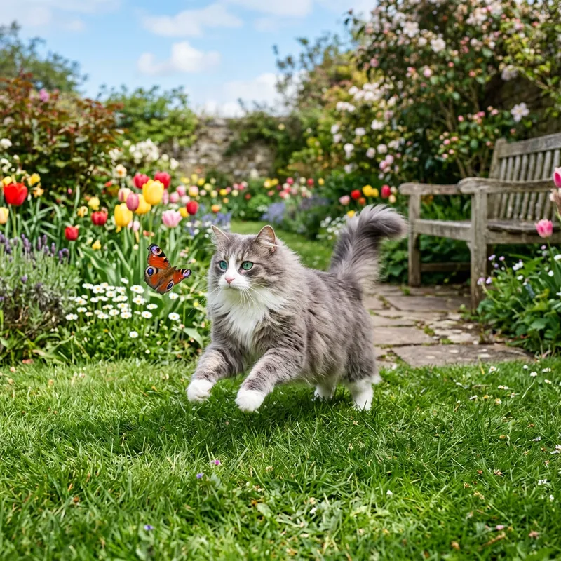 Playful Cat Enjoying Sunny Day in Colorful Garden