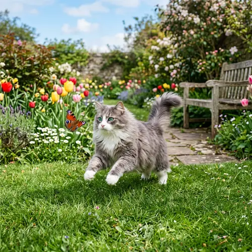 Fluffy Cat Playfully Prancing in Vibrant Garden