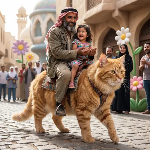 Surreal Middle-Eastern Man Holding Hispanic Girl Riding Cat