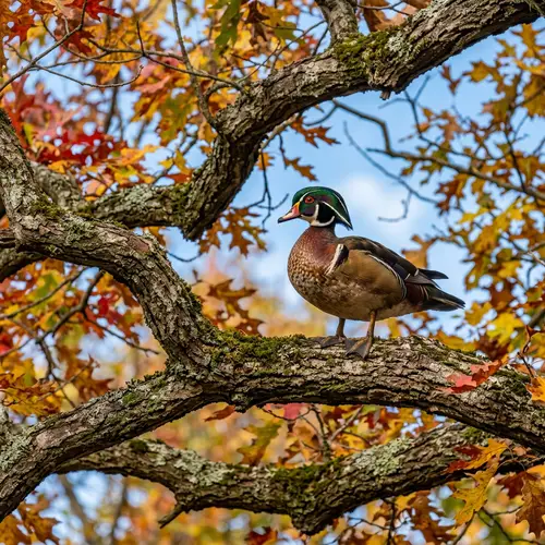 Colorful Duck Perched on Oak Tree Branch | Nature Scene