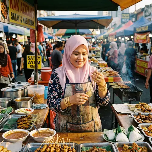 Malaysian Malay Hijabi Woman Admiring Gold Jewelry at Food Booth