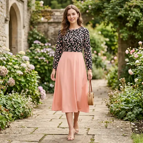 Full Sleeve Midi Dress - Black Floral & Peach Design