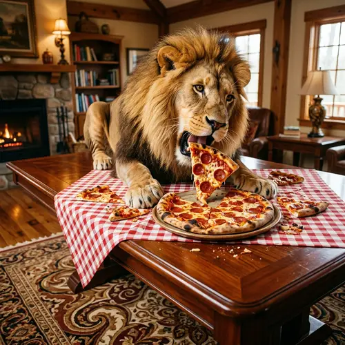 Majestic Lion Enjoying Pepperoni Pizza on Tablecloth