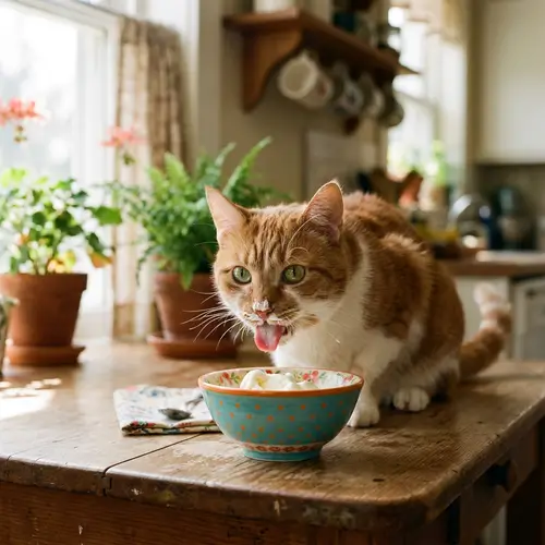 Playful Cat Enjoying Sweet Vanilla Ice Cream | Cozy Home Scene