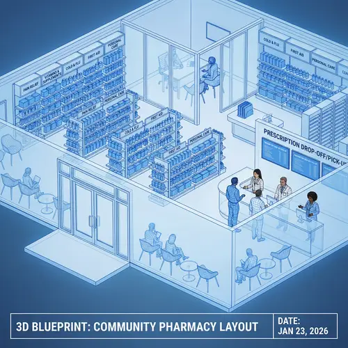 3D Pharmacy Floor Plan | Spacious Waiting Area, Diverse Pharmacists & Consultation Room