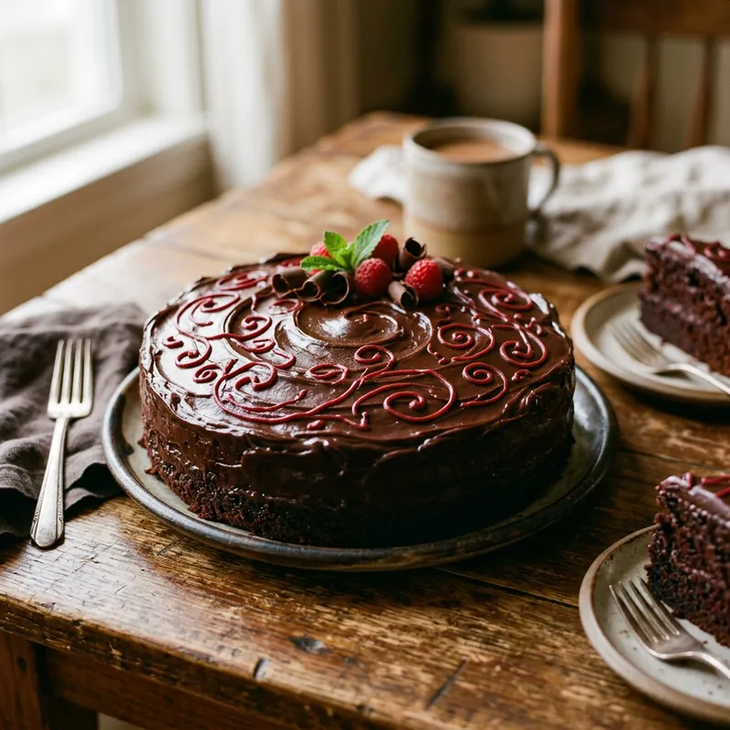Decadent Chocolate Cake with Red Swirls | Sensory Delight